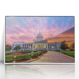 Art deco style poster of Arkansas scenery with muted green and blue tones on a white framed acrylic.