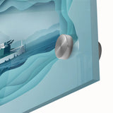 Mid-century modernist style large abstract art print of Alcatraz Island in muted gray and blue tones on acrylic glass.