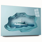 Side view of a large abstract depiction of Alcatraz in muted gray and blue tones on acrylic glass.