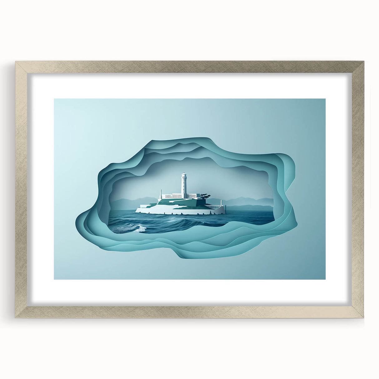Textured art print depicting Alcatraz Island in muted gray and blue tones, framed in silver, ideal for bedroom wall decor.