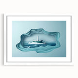 Abstract art print of Alcatraz in muted gray and blue tones on a framed white mat, ideal for bedroom or dining room decor.