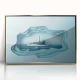 Framed acrylic print of Alcatraz Island in muted blue and gray tones, ideal for modern art wall decor.