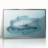 Mid-century modernist art depicting Alcatraz Island in muted blue and gray tones on a silver-framed acrylic print.
