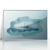 Art Deco poster of Alcatraz in muted grayscale tones on a framed acrylic, suitable for modern art wall decor.