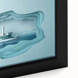 Close-up of a black wall art featuring Alcatraz Island with textured, colorful accents on a framed canvas.