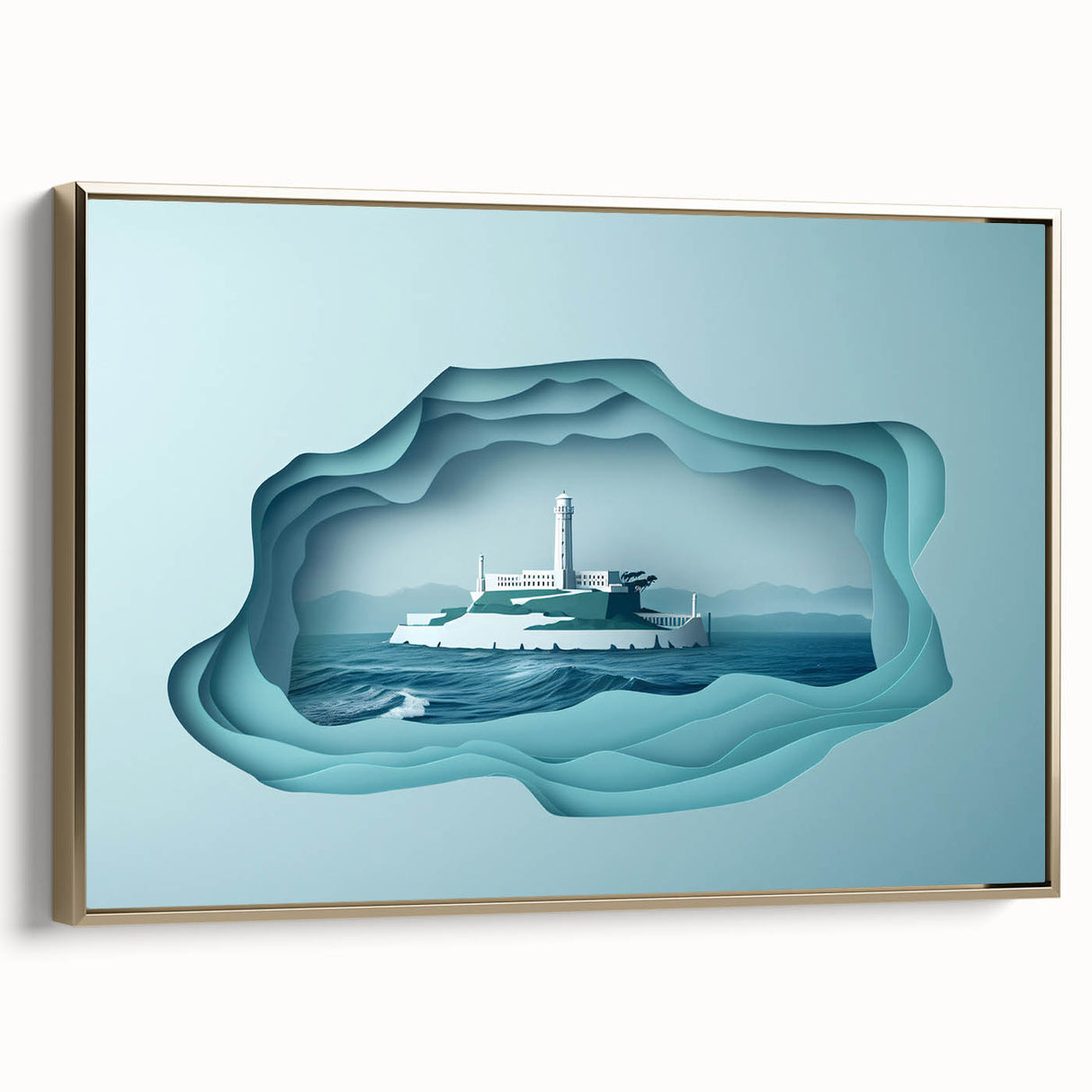 Framed canvas wall art featuring a vintage-style landscape painting of Alcatraz Island in black and gold tones.