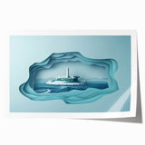 Extra large rolled print of Alcatraz Island in muted gray and blue tones, ideal for dining room decor.