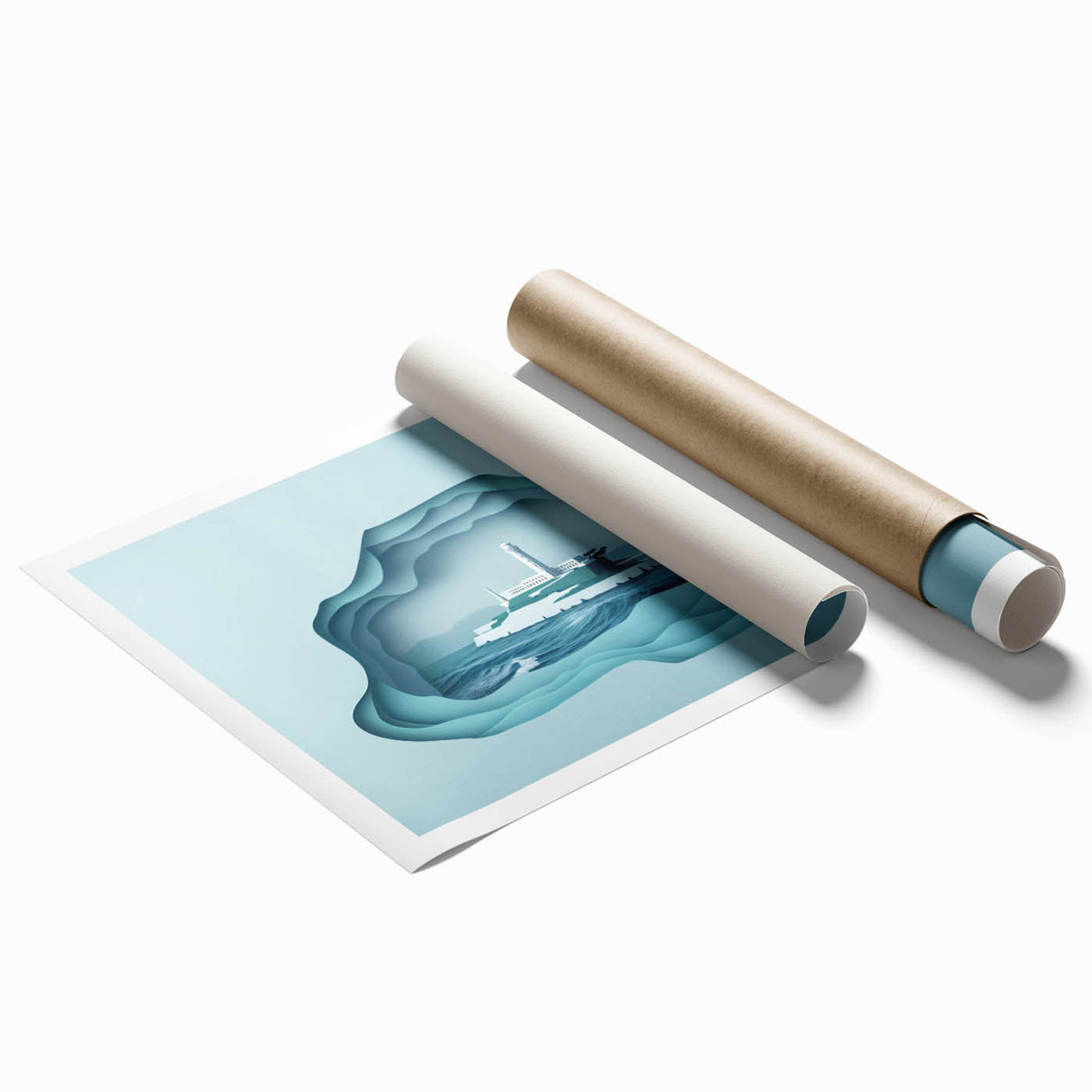 Extra large rolled print of Alcatraz Island in muted blue and gray hues, ideal for classy bathroom wall art.