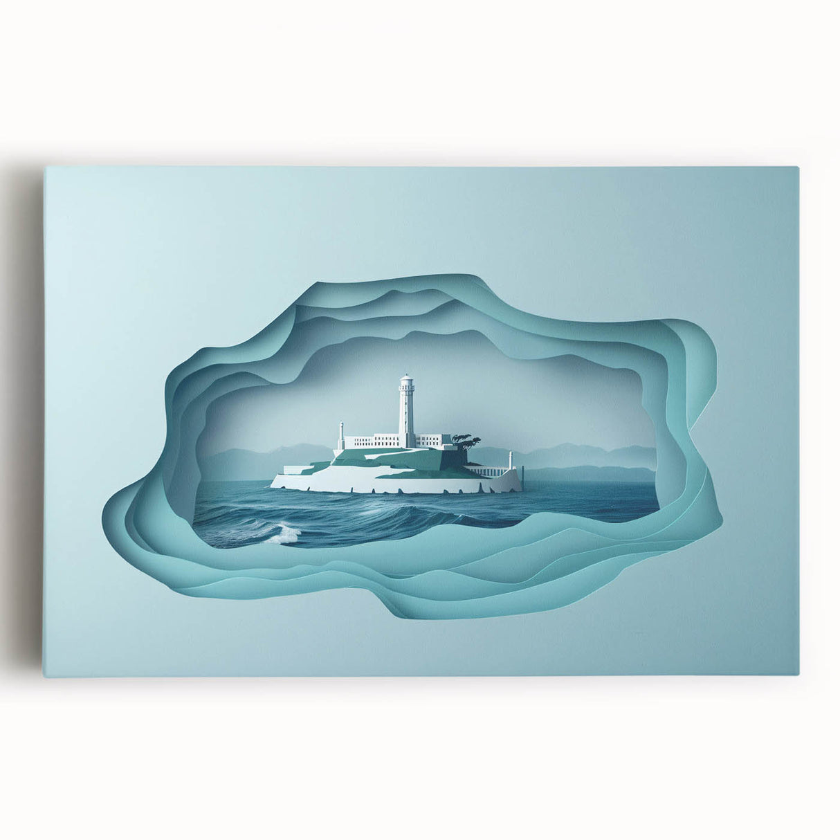Black and white photograph of Alcatraz Island on a large stretched canvas, suitable for kitchen wall art.