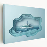 Side view of a large stretched canvas featuring a detailed depiction of Alcatraz Island in muted earth tones.