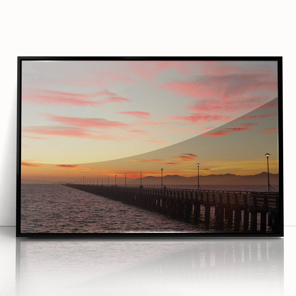 Large abstract wall art depicting a stylized Berkeley landscape in muted tones, framed in black acrylic.