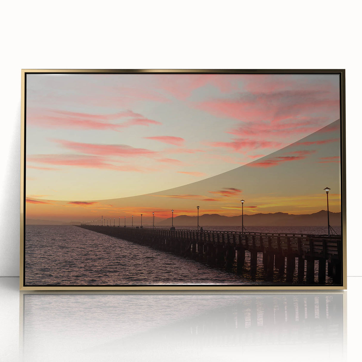 Framed acrylic print of Berkeley, California scenery in mid-century modernist style, featuring muted earth tones.