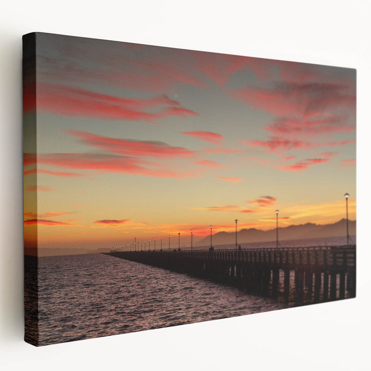 Side view of a stretched canvas featuring a detailed Berkeley, California landscape in soft pastel colors.