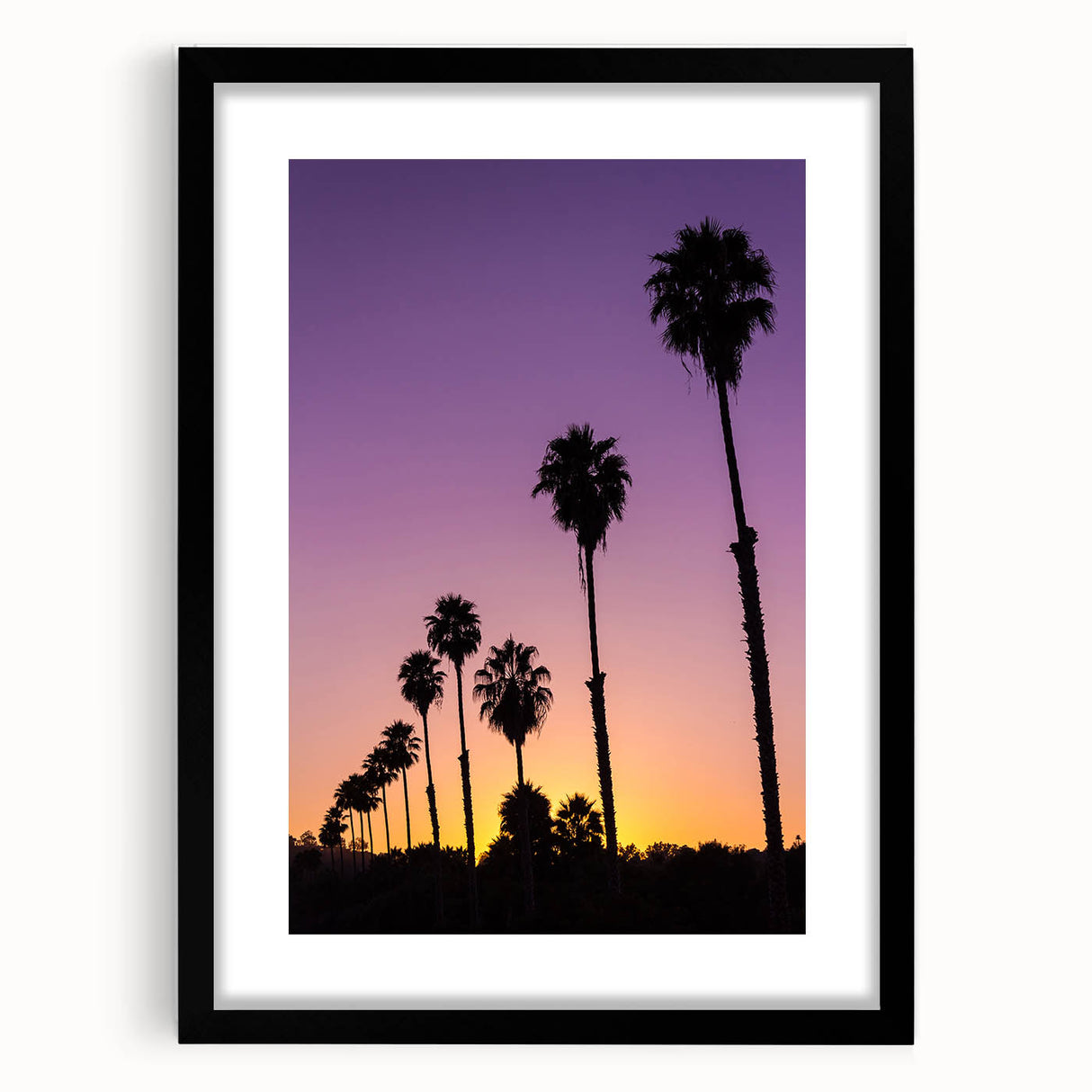 Extra large colorful abstract art print of Beverly Hills scenery on textured canvas, framed in black.