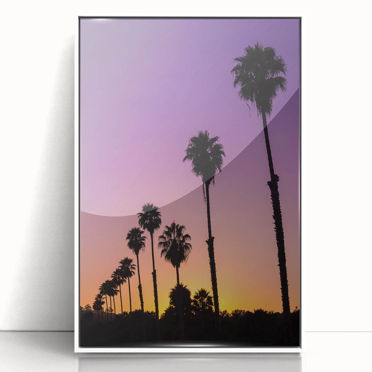 Art deco poster of Beverly Hills scenery in muted pastel colors on a white framed acrylic.