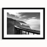 Extra large abstract art print of Big Sur in vibrant colors on a textured canvas, framed in black.