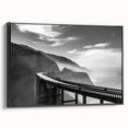Framed canvas of a black and white Big Sur landscape, ideal for bedroom wall art with a vintage poster style.