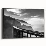 Framed canvas of a black and white Big Sur landscape, ideal for bedroom wall art with a vintage poster style.