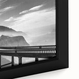 Extra large framed canvas of Big Sur coastline in black with colorful, textured details, ideal for living room decor.