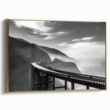 Framed canvas featuring a vintage-style landscape painting of Big Sur, California, with muted earth tones.