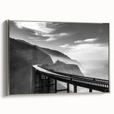 Landscape art painting of Big Sur in muted colors on a silver-framed canvas.