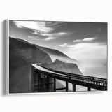 Vintage poster art of Big Sur, California, with colorful imagery on a white-framed canvas, ideal for living room decor.