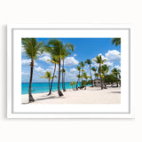 Abstract art print of Catalina, California in muted blue and green tones on a framed white mat.