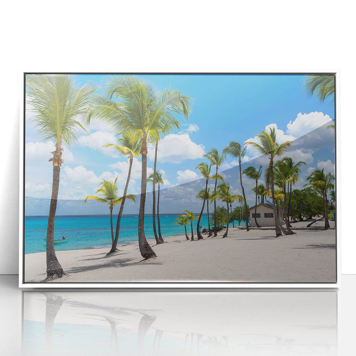 Art deco style poster of Catalina, California scenery in muted blue and white tones, framed acrylic.