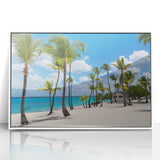 Art deco style poster of Catalina, California scenery in muted blue and white tones, framed acrylic.