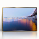 Mid-century modernist style large art print of Coronado, California scenery in muted gold tones, framed acrylic.