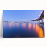 Black and white stretched canvas featuring the Coronado Bridge in California, ideal for kitchen wall art or bedroom decor.