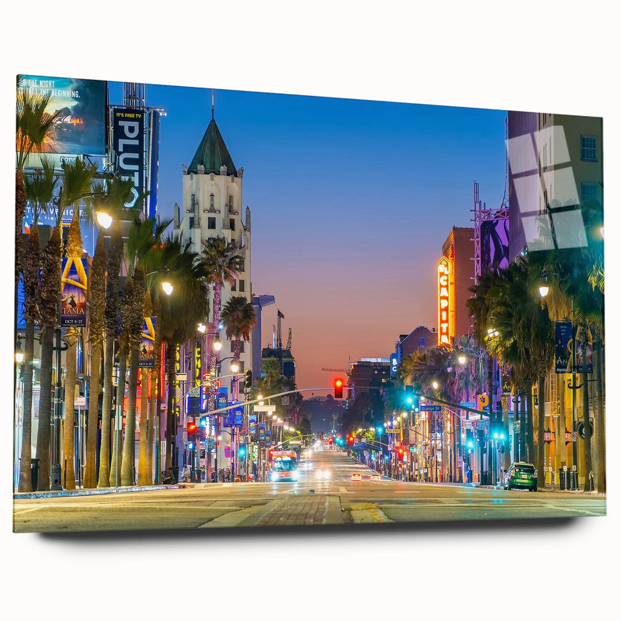 Acrylic print of a large abstract depiction of the Hollywood skyline in muted gray and blue tones.