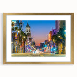 Extra large wall art featuring abstract textures and Hollywood, California scenery in gold frame.