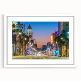 Abstract art print of Hollywood, California in muted gray tones on a framed white mat.