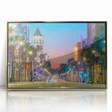 Large framed acrylic print of the Hollywood, California scenery in mid-century modernist style, featuring golden hues.