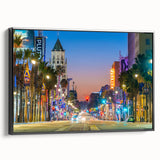 Black and white wall art of Hollywood, California landscape on framed canvas, ideal for bedroom decor.