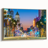 Framed canvas of a vintage-style Hollywood, California landscape in black and gold tones, ideal for bedroom wall art.