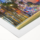 Art deco poster of Hollywood in muted shades of blue and gray on rolled canvas, suitable for dining room decor.