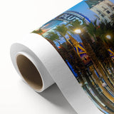 Art deco poster of Hollywood, California scenery in pastel shades on rolled canvas, ideal for nursery wall art.