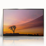 Mid-century modernist art depicting Joshua Tree landscape in muted earth tones on a framed acrylic print.