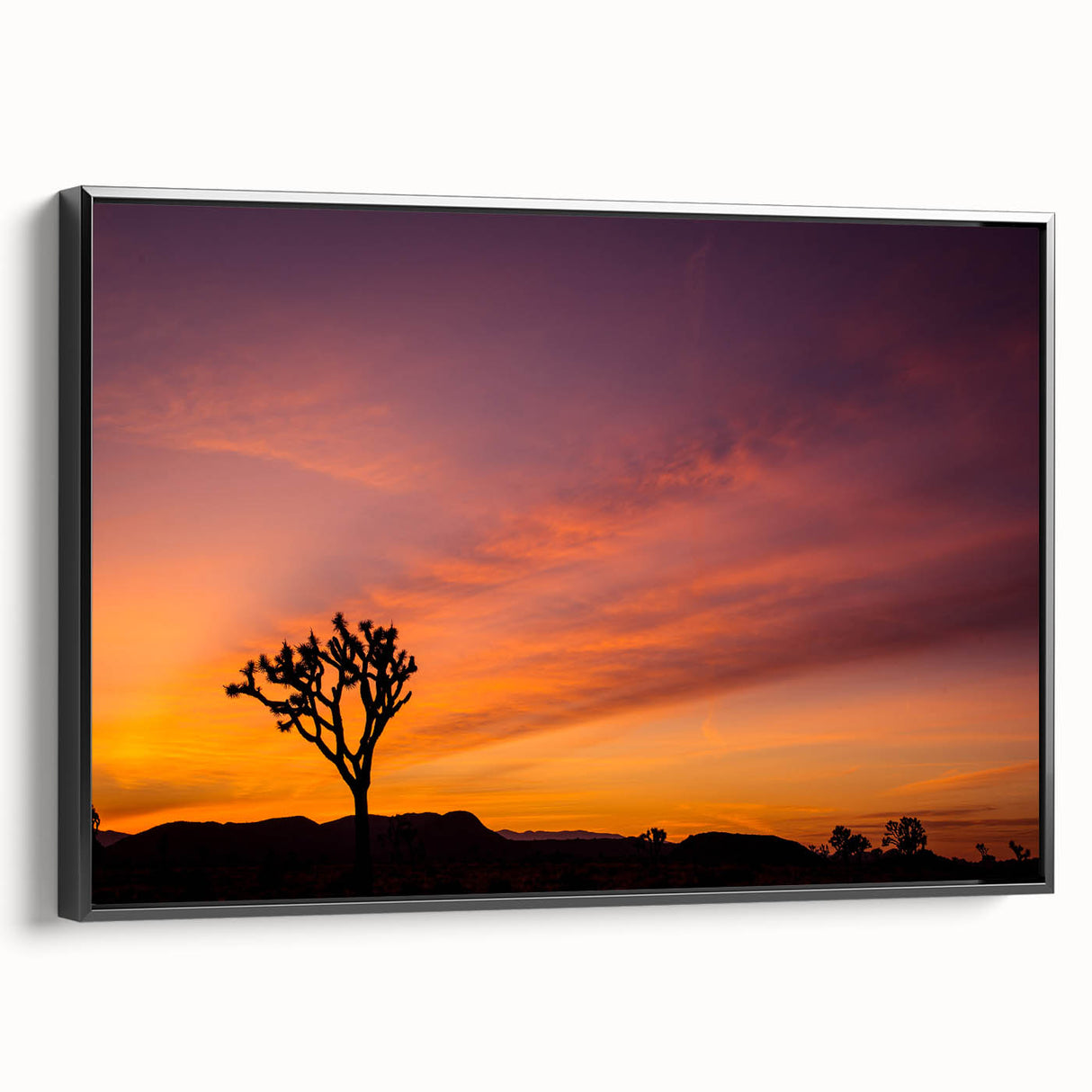 Black and white framed canvas of Joshua Tree landscape in vintage poster style, suitable for bedroom decor.