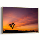 Framed canvas depicting Joshua Tree landscape in muted earth tones, suitable as wall art for a bedroom.