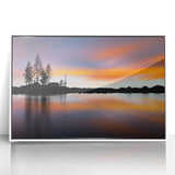 Art deco style depiction of Lake Tahoe on a framed acrylic print with cool blue and white tones.