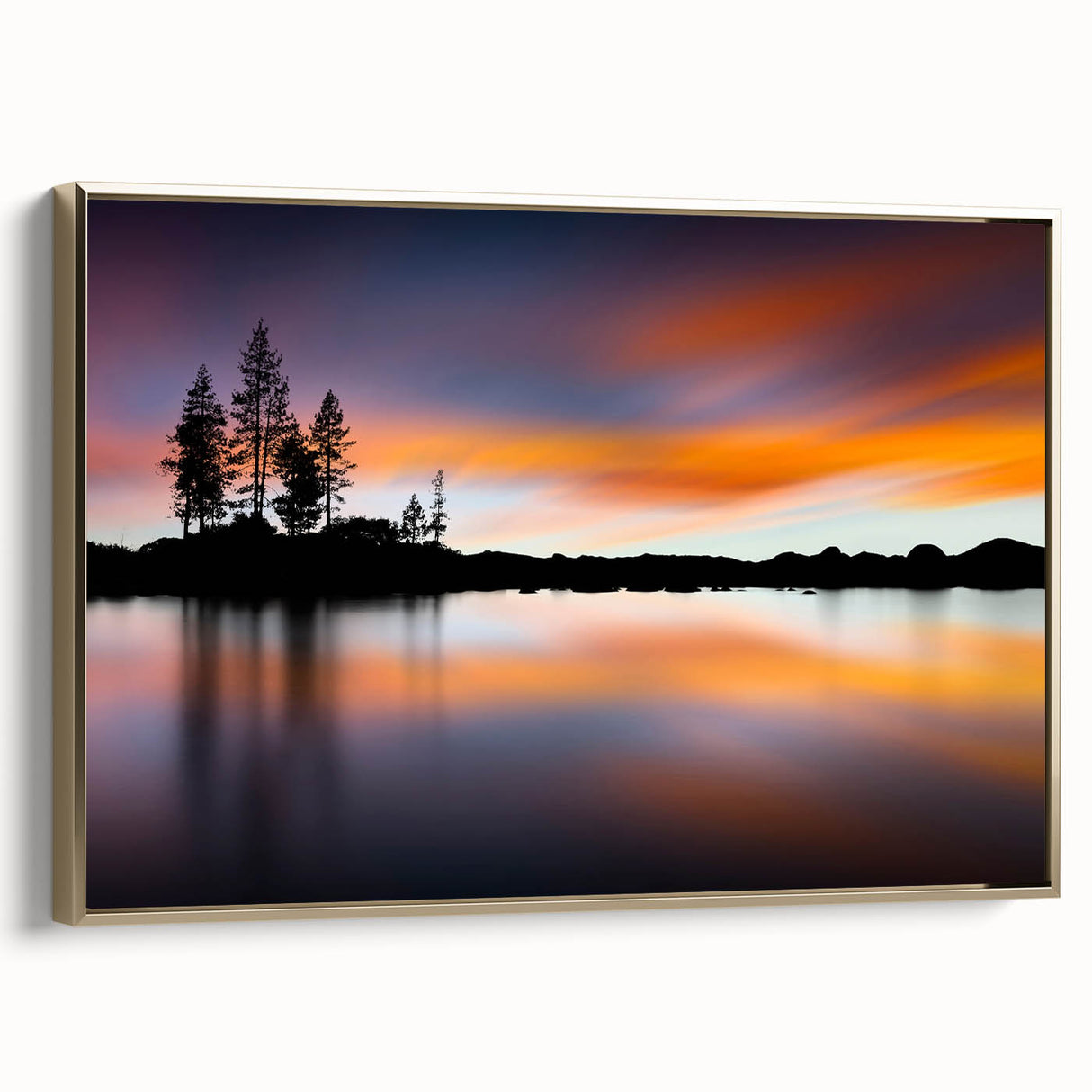 Framed canvas of Lake Tahoe landscape with muted blue and green tones, ideal for bedroom wall art.