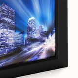Extra large framed canvas featuring a textured depiction of the Los Angeles skyline in black with colorful accents.