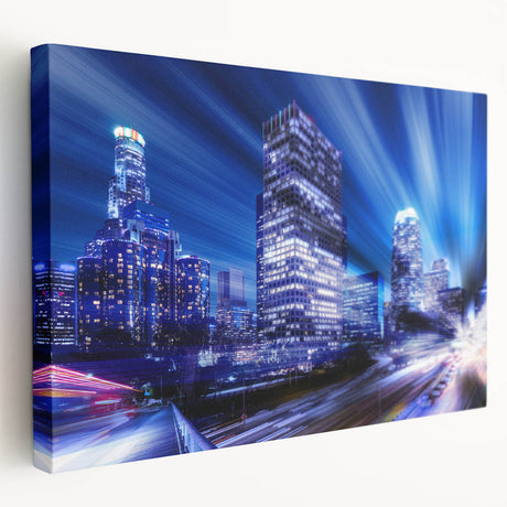 Los Angeles cityscape on large stretched canvas with vibrant sunset hues, ideal for kitchen wall art.