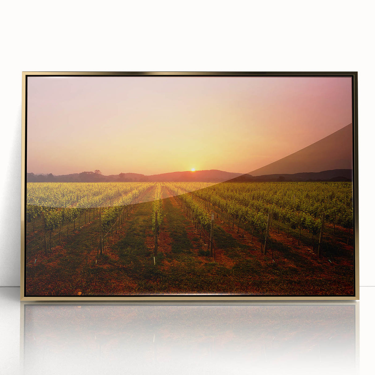 Framed acrylic print of Napa Valley landscape in earthy tones, ideal for modern art wall decor.