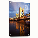 Large abstract depiction of Sacramento skyline in muted blues and grays on acrylic glass.