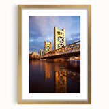 Extra large abstract art print of Sacramento scenery in muted earth tones on a textured canvas, framed in gold.