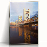 Mid-century modernist art of Sacramento skyline in silver framed acrylic, featuring pastel blue and pink tones.
